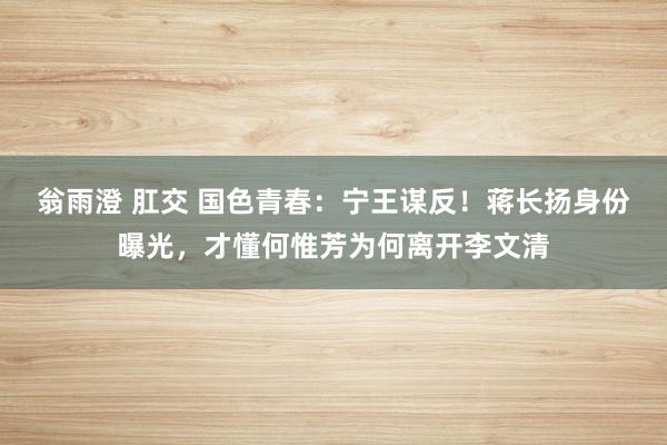 翁雨澄 肛交 国色青春：宁王谋反！蒋长扬身份曝光，才懂何惟芳为何离开李文清